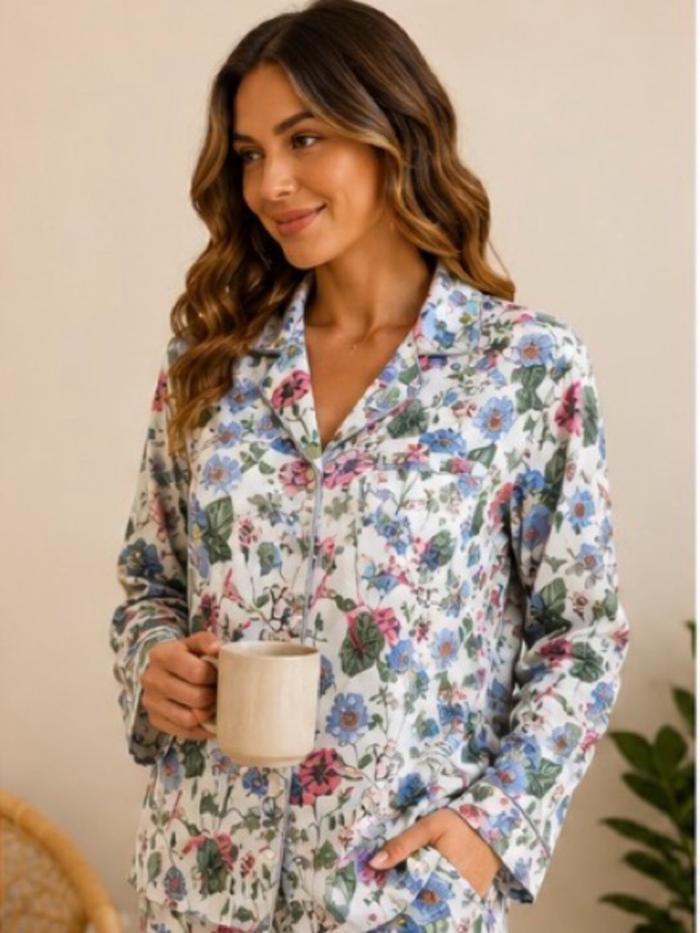 Soma Pajama Top Long Sleeve Sleep Shirt Blue Pink Floral Print Top